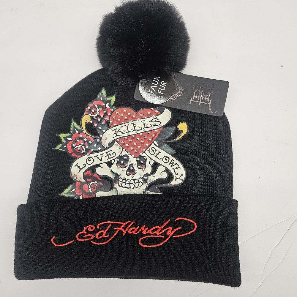 Ed Hardy Black Beanie with Skull Design